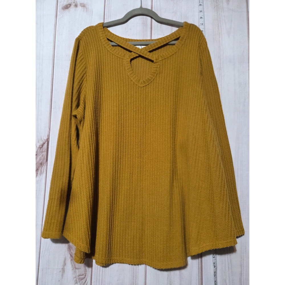 Maurices 24/7 Mustard Yellow Waffle Knit Twist Neck‎ Tunic Top Plus Size